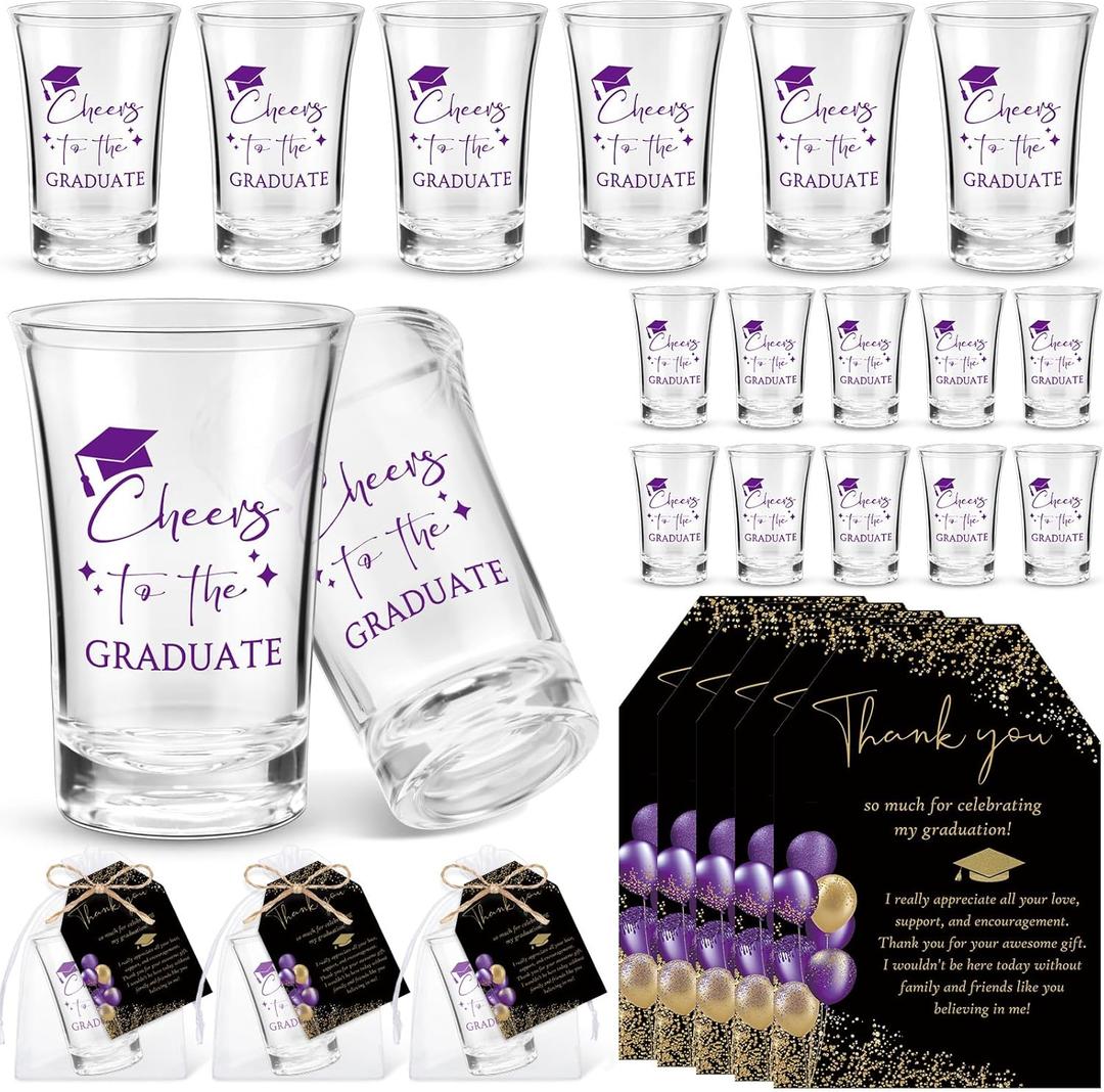 Maxcheck 25 Sets Graduation Party Favors for Guests Cheers to the Graduate Acrylic Shot Glasses with Thank You Cards and Organza Bags Graduation Gifts for Teacher Classmates Family(Puple Color)