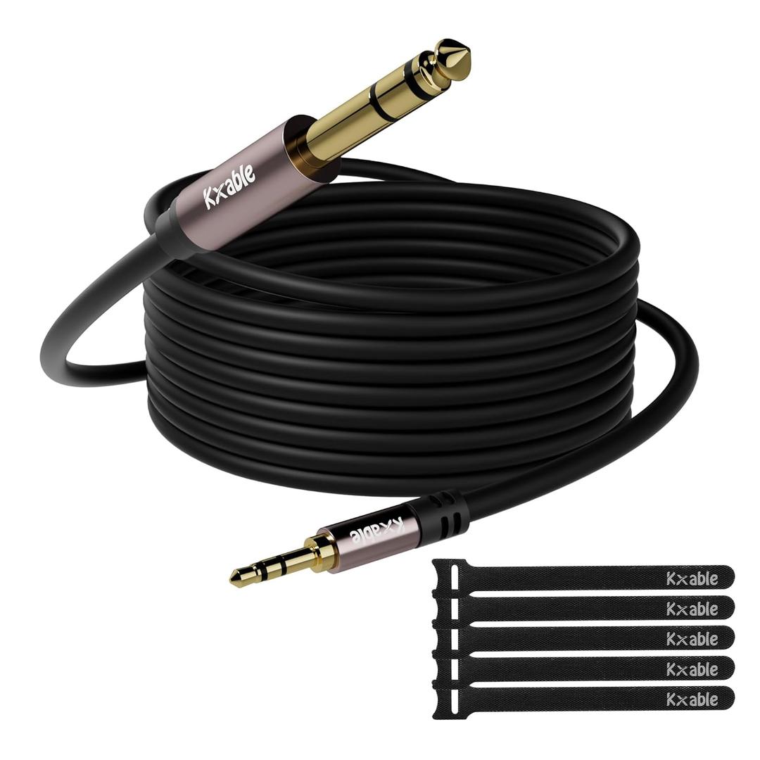 3.5mm to 6.35mm Stereo Audio Cable 100 Feet, Long 1/4 to 1/8 inch Headphone Cable Jack, Hi-Fi Sound, Gold Plated Connectors, OFC Core, Black Cable (with 5 pcs Cable Ties)