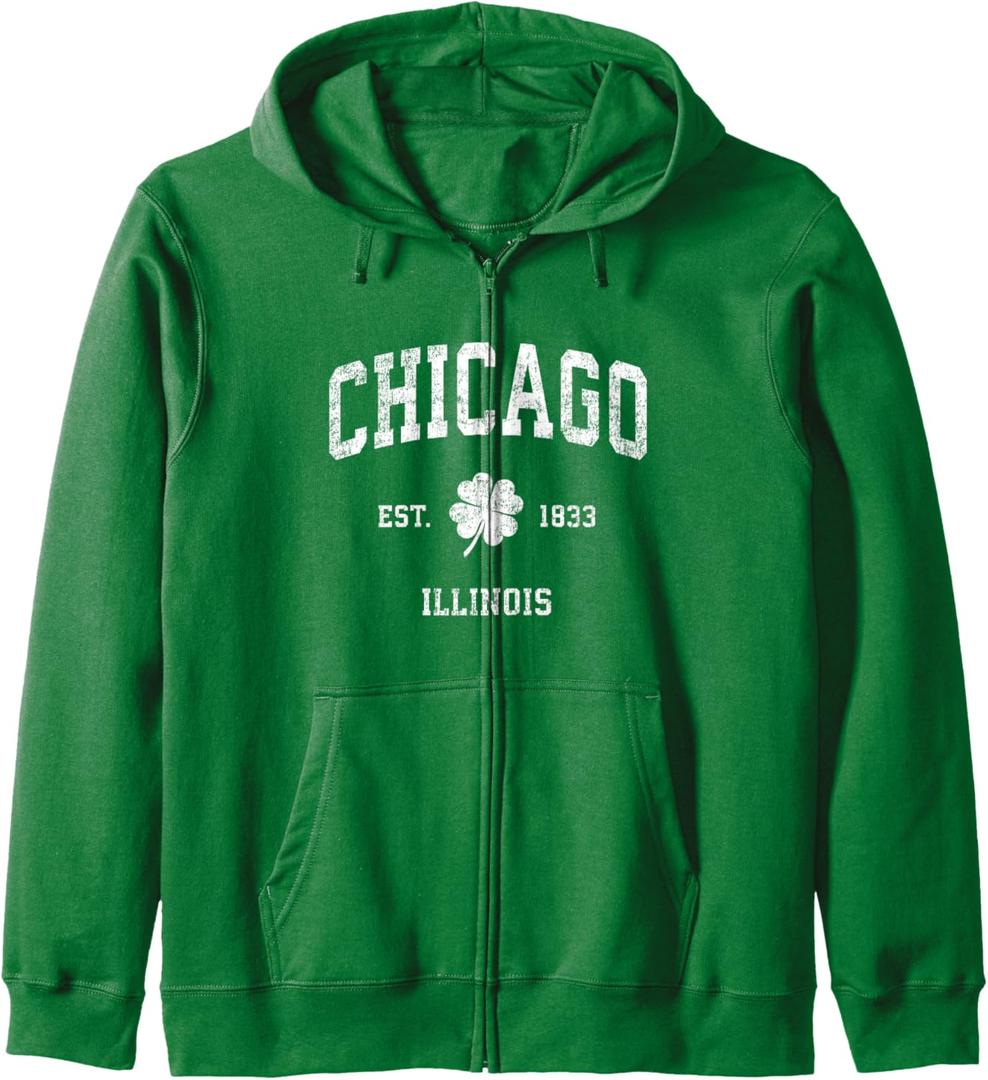 Chicago Illinois Vintage Shamrock Sports Zip Hoodie, M
