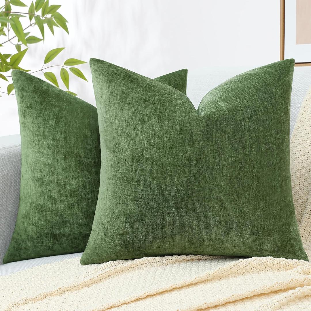 decorUhome Couch Throw Pillow Covers 16X16 Set of 2, Decorative Soft Chenille Solid Dyed Spring Pillow Covers for Sofa Bed Living Room, Moss Green