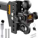 Adjustable Trailer Hitch - Drop Hitch -Tri Ball Mount with Hook (1-7/8'', 2''&2-5/16''), Fits 2-Inch Receiver, 6'' Drop/Rise 12,500 LBS GTW Tow Hitch, 3 Ball Hitches for Trucks, RV, Camper etc