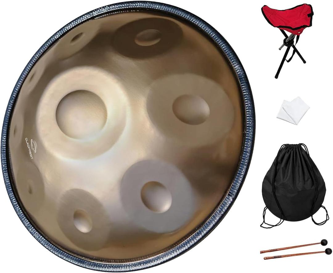 Handpan, 18 inches, 9 notes, 440Hz, G minor, comes with handpan stand, handpan bag, two beaters, and dust cloth.9-440hz (Mini Gold)