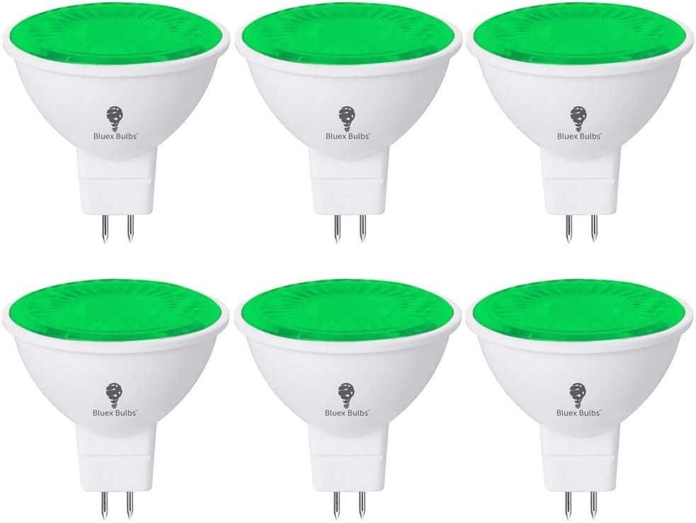 BlueX 6 Pack LED MR16 Green Light Bulb - 6W (50Watt Equivalent) - GU5.3 Bi-Pin Base 12V, Party Decoration, Porch, Home, Holiday Lighting, Decorative Illumination
