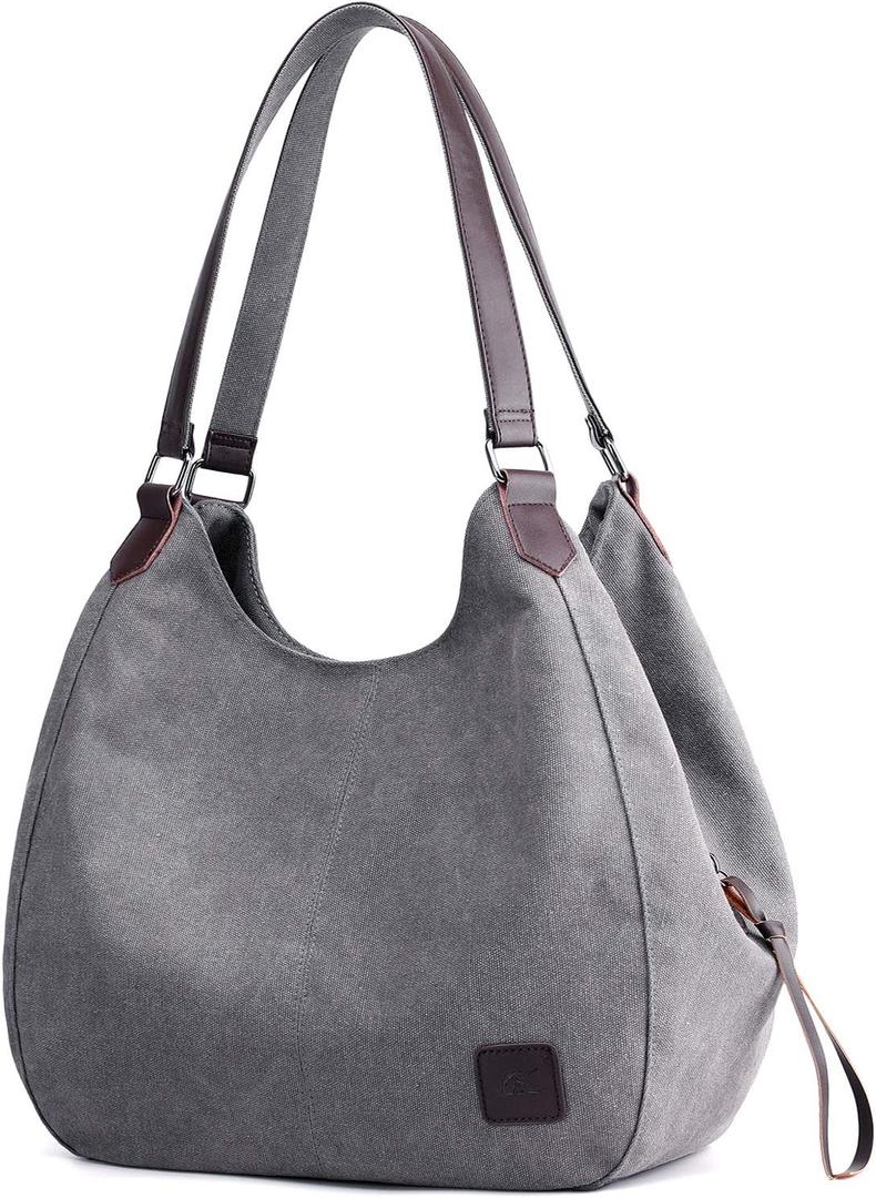 DOURR Women's Multi-pocket Shoulder Bag Fashion Cotton Canvas Handbag Tote Purse (Gray - Large Size)