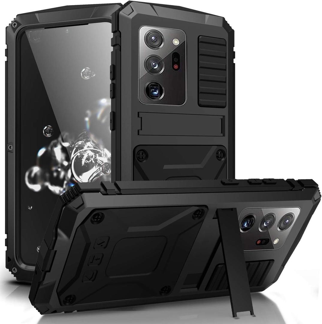 Compatible with Samsung Note 20 Ultra Metal Case with Screen Protector Military Rugged Heavy Duty Shockproof with Stand Camera Protector Full Cover case for Note 20 Ultra (Black)