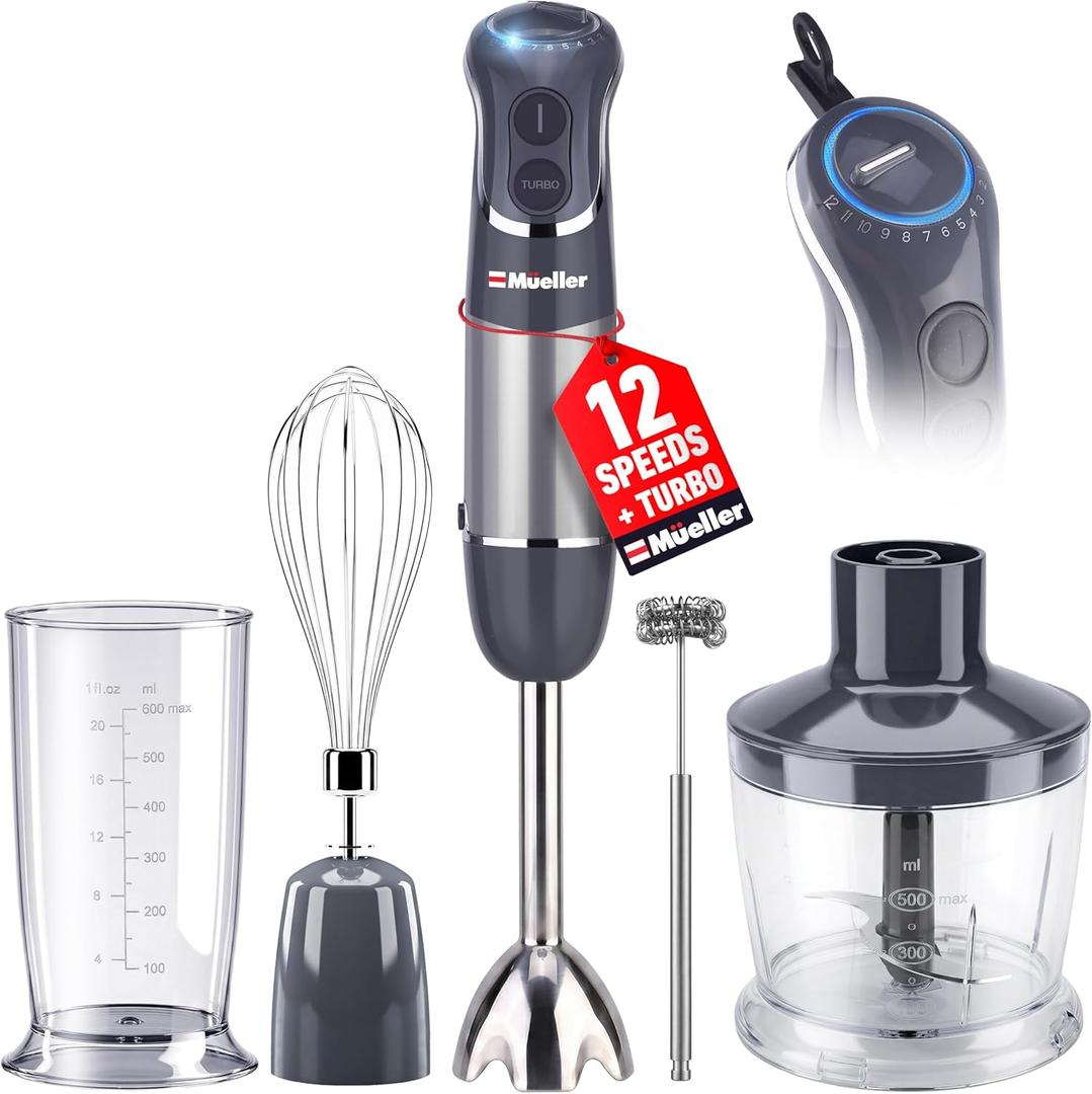 Mueller Multistick 5-in-1 Immersion Blender Handheld,12 Speed Hand Mixer-Turbo Boost,Heaviest Duty Copper Motor,Titanium reinforced Blades Hand Blender,Milk Frother Wand,Whisk,Beaker,Chopper,Grey (Gray)