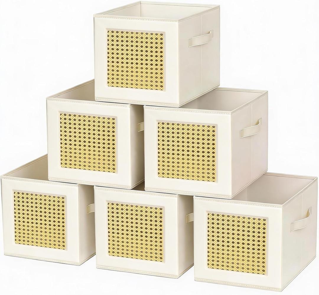 homyfort Cube Storage Organizer Bins, 11x11 Inch Bins Baskets Box for Cube Storage, Made from Natural Bamboo and Sturdy 210D Oxford Fabric, Set of 6, Beige