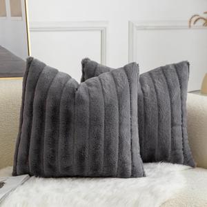 Pack of 2 Faux Fur Throw Pillow Covers 18x18 Inch Striped Decorative Soft Plush Couch Pillow Case Home Decor for Bed, Sofa, Living Room Darkgrey