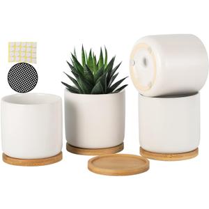 OMAYKEY 4 Inch Ceramic Plant Pot with Saucer, White Planters Pots with Drainage Hole and Mesh Pads for Succulent, Snake, Cactus, Herbs - 4 Packs(Plant Not Included)