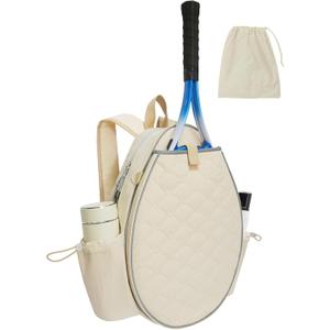 Tennis Bag, Quilted Tennis Racket Backpack for Women and Men Holds 1-2 Rackets, Lightweight and Water-resistant Sports Backpack for Pickleball and Badminton (Cream)