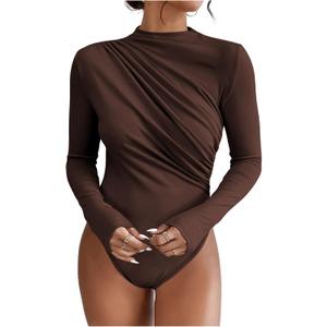 SweatyRocks Women's Bodysuit Mock Neck Casual Ruched Long Sleeve Jumpsuit Size L