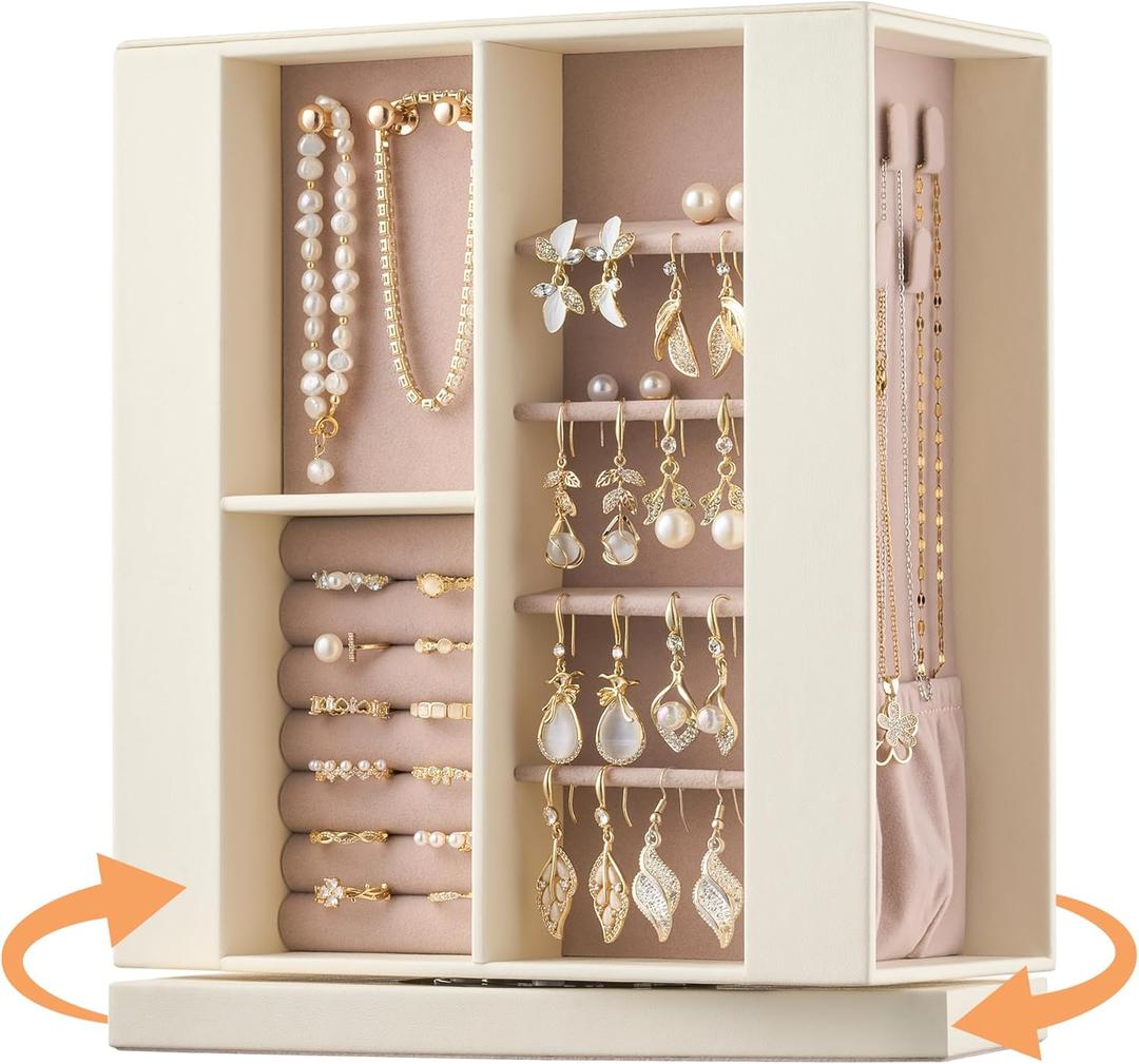 Jewelry Box Organizer for Women: 360 Rotating Vertical Storage Case, Ivory Leather with Pink Velvet, Ring Necklace Bracelet Holder, Gift Decor, 10 x 8.7 x 3.9 in (White)