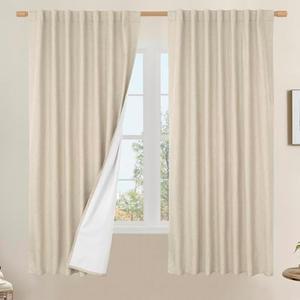 LAMIT 100% Blackout Linen Curtains 63 Inches Long, Flax Textured Living Room Farmhouse Curtains Full Room Darkening Back Tab and Rod Pocket Panels with White Liner, 2 Panels, Linen, 60 x 63 Inch