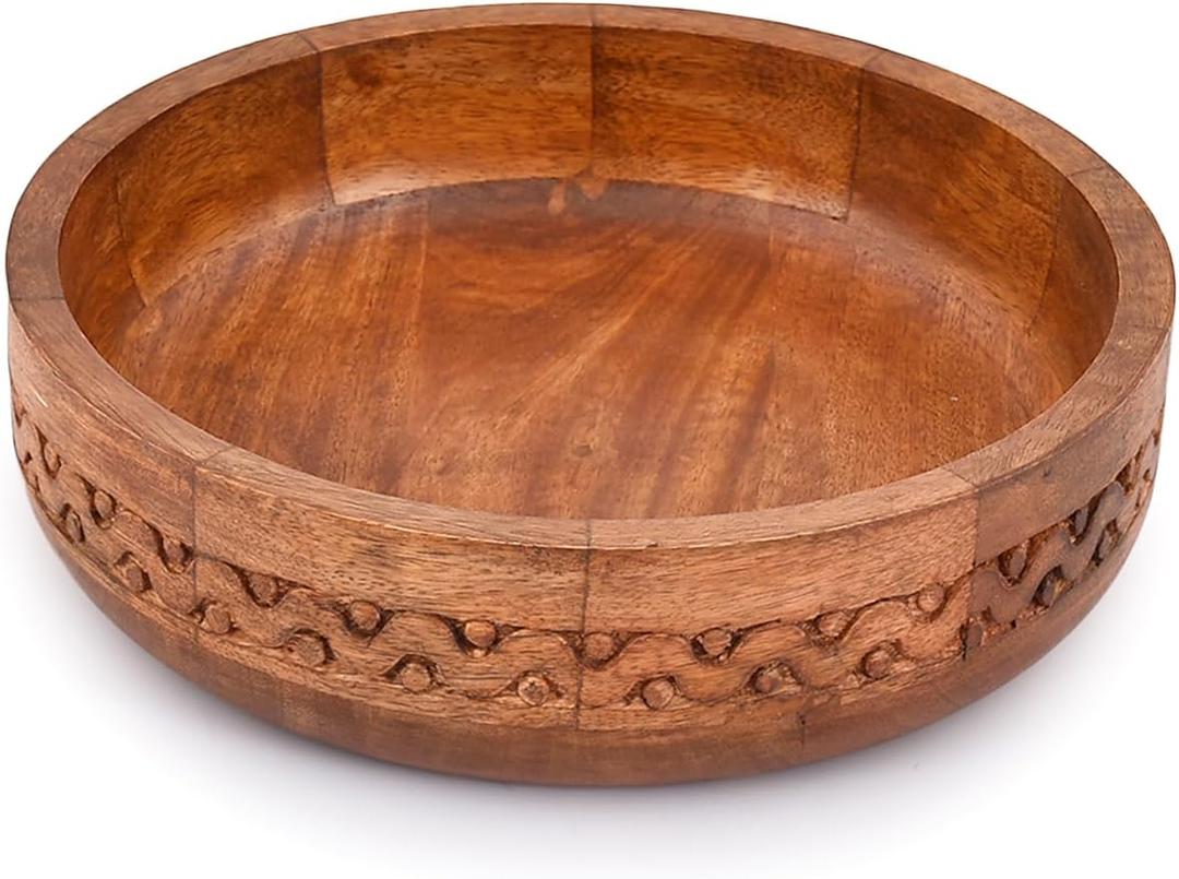 EDHAS Mango Wood Decorative Round Carved Bowl for Decoration, Centerpiece Bowl for Table (10" x 10" x 2.5")