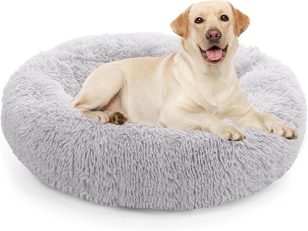 NOYAL Calming Dog Bed Donut Anti Anxiety Fluffy Dog Bed for Small Medium Dog and Cat, Large 27.5'', Light gray 