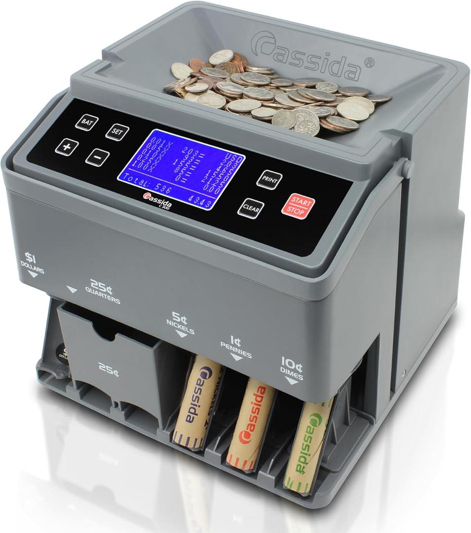 Cassida C300 Professional USD Coin Counter, Sorter and Wrapper/Roller, 300 coins/min, with Quickload and Printing-Compatible,Gray, Portable