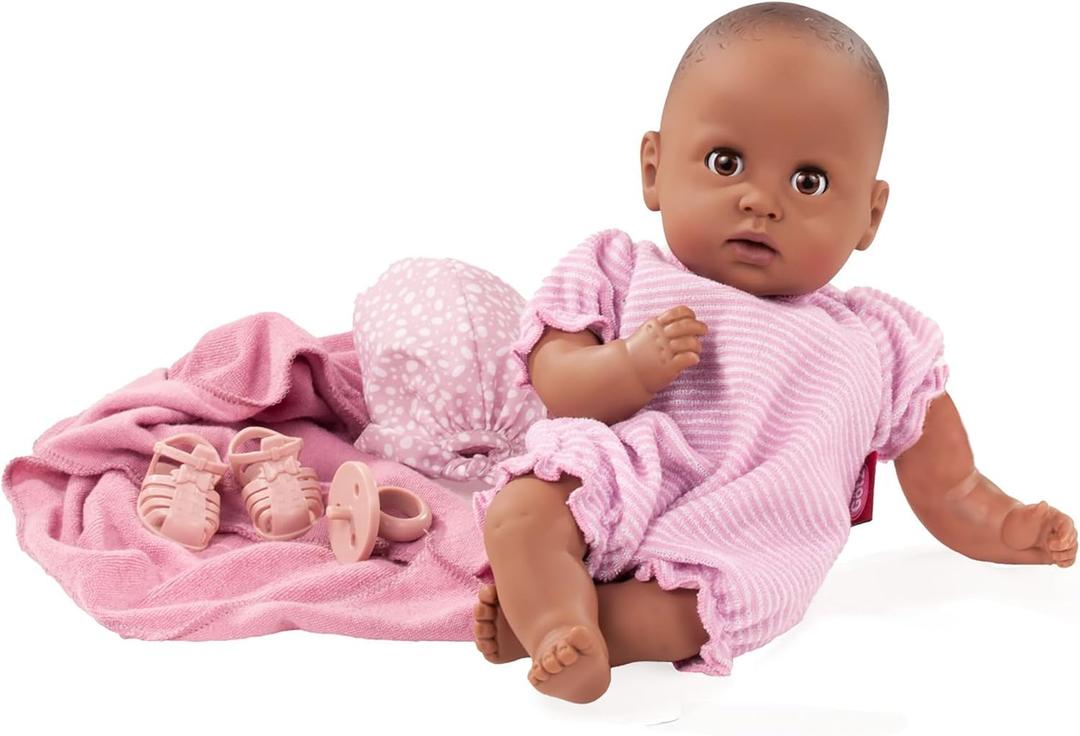 Gotz Cosy Aquini 13" Soft Cloth Bath Baby Doll with Dark Skin, Brown Sleeping Eyes and Towel
