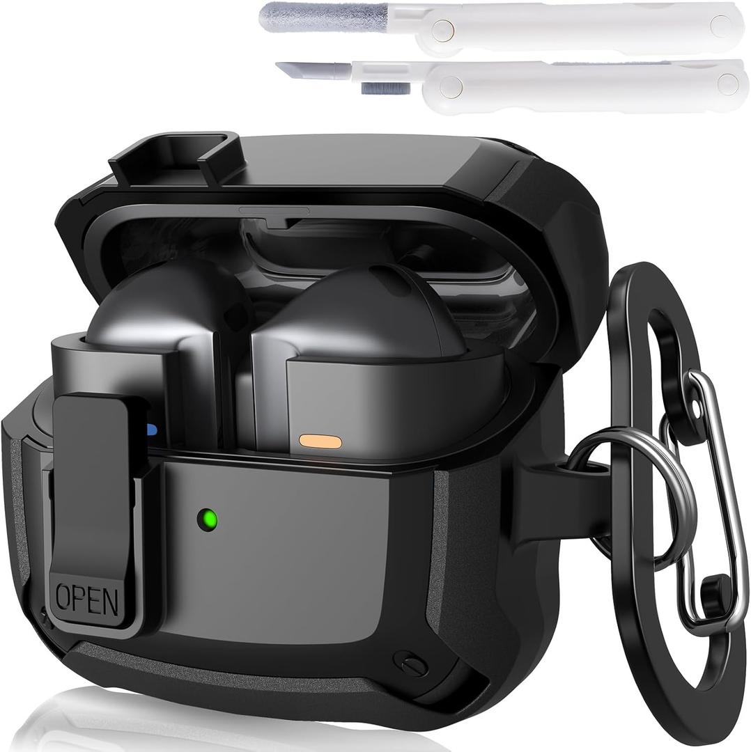 AIRSPO Compatible with Samsung Galaxy Buds 3 Case & Galaxy Buds 3 Pro Case with Cleaner kit, Military Hard Case with Lock for Samsung Galaxy Buds3 Wireless Charging Cases, Black