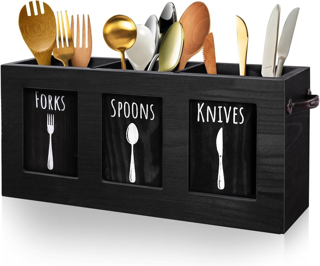 MINCORD Wood Flatware Organizer, Rustic Utensil & Silverware Holder for Forks, Spoons, Knives, Farmhouse Kitchen Cutlery Caddy Bin Countertop - Black