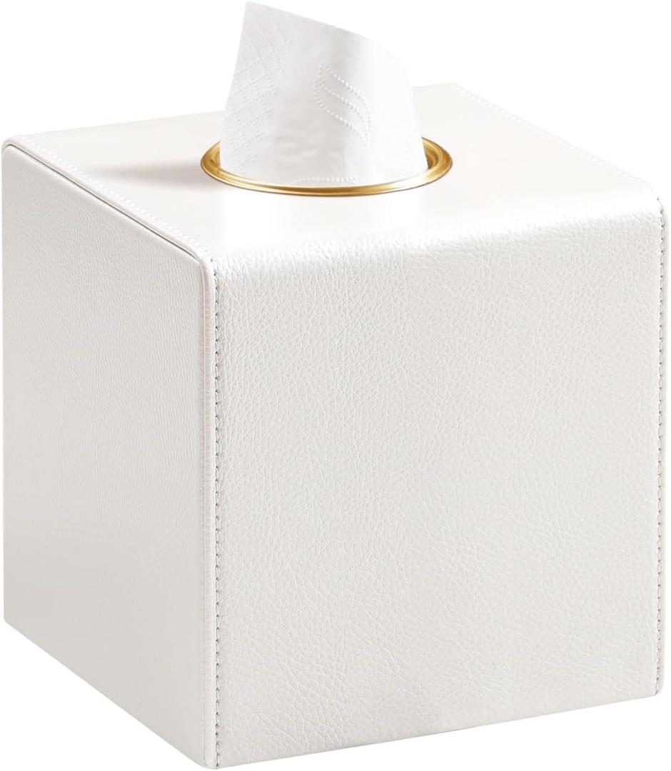 MEIBOOCH Square Tissue Box Cover, Luxury PU Leather Tissue Holder with Magnetic Closure (Beige)