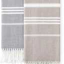 2 Packs Cotton Turkish Beach Towels Sand Free Quick Dry Oversized Bath Pool Swim Towel Large Extra Xl Big Blanket Adult Travel Essentials Cruise Accessories Must Haves Clearance Vacation Stuff (Thinner Set Beige Black)