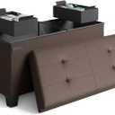 Storage Ottoman Bench with Bins, 30-in Storage Bench for Bedroom End of Bed, Folding Foot Rest Ottoman for Living Room Max 660lbs, Faux Leather Ottomans, Brown