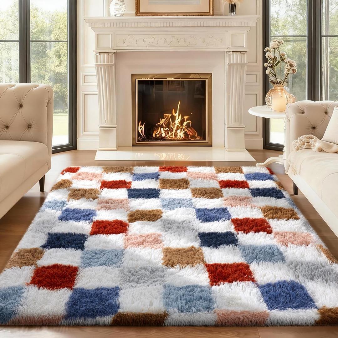 Ophanie Checkered Rainbow Rug for Living Room Bedroom, Colorful Fluffy Soft Cute Fuzzy Area Rugs, Shag Plush Shaggy Bedside Floor 4x6 Furry Carpet for Kids Baby Teen Dorm Nursery Home Decor Aesthetic