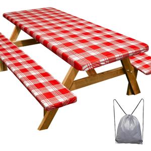 Picnic Table Cover with Bench Covers Camping Essentials Waterproof Windproof Camping Tablecloth with Drawstring Bag, Fitted Rectangle Tables and Seats, 72in, Red Checkered