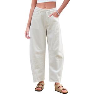 Mid Rise Barrel Jeans for Women Wide Leg Mid Waist Cropped Denim Pants Y2k Baggy Boyfriend Jeans with Pockets (XX-Small, White)