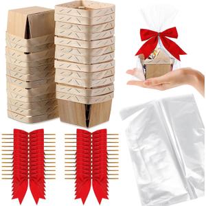 Kigley 24 Set Wooden Christmas Gift Baskets Empty Small Gift Basket with Cellophane Bags Bows Basket Kit for Thanksgiving DIY Picking Fruit Birthday Wedding Bow Party(4 Inch,Red)