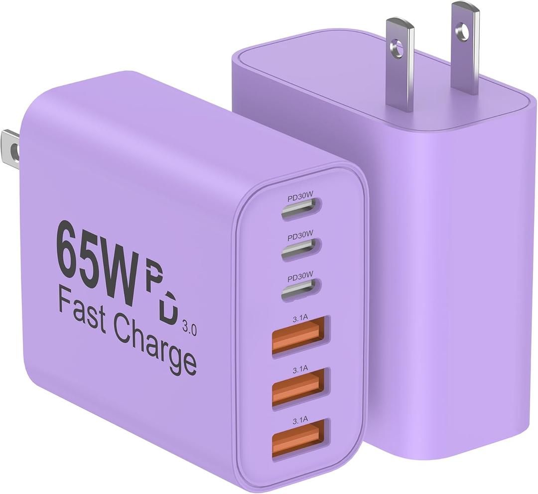 USB C Charger Block, 2-Pack 65W 6-Port USB C Wall Charger iPhone Charger Fast Charging PD Power Adapter+QC Wall Plug Multiport Type C Brick Chargers for iPhone 17 16 15 14 13 12 11 Pro Max XS,Purple