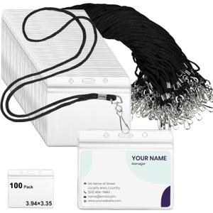 Marspark 100 Sets Lanyards with ID Badges Bulk, Clear Plastic Horizontal Name Tags Badge ID Card Holders, Flat Neck Lanyards with Swivel Hook for Adults Staff Teacher School Office Supplies(Black)
