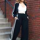 Akmipoem Sweatsuits Women 2 Piece Outfit Striped Tracksuit Long Sleeve Zipper Crop Jacket Wide Leg Sweatpants Set (Black, L)