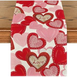 Artoid Mode White Pink Love Heart Valentine's Day Table Runner, Holiday Anniversary Kitchen Dining Table Decoration for Home Party Decor, 13" x 72", Table Runner, White