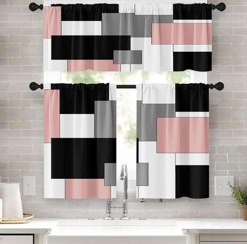 Pink Kitchen Window Curtains Valance and Tier Set 36 Inch, Black Grey White Modern Rod Pocket Short Tier Curtain for Bathroom, Abstract Art Small Cafe Drapes for Decor