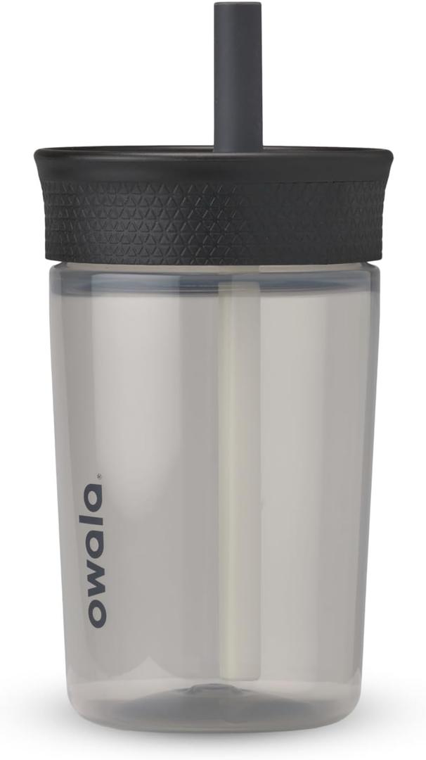 Owala Kids BPA-Free Plastic Tumbler with Spill Resistant Flexible Straw, Easy to Clean, Kids Water Bottle, Great for Travel, Dishwasher Safe, 15 Oz, Black and Gray (Skate Park)