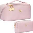 Birthday Gifts for Women Teen Girl, Personalized Initial Makeup Organizer Bag Set, Open Flat Travel Cosmetic Bag With Clear Divider and Handle(Pink,A)