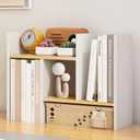 COOGOU White Desk Organizers and Storage Small Desktop Bookshelf Length Expandable Desk Organization Shelves Counter Corner Book Shelf Adjustable Narrow Book Organizer for Desk Countertop (24.4" White Yellow Stretch Bookshelf)