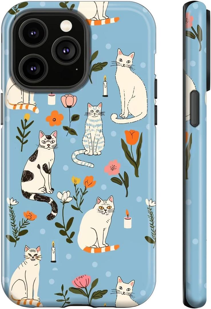 Case Compatible with iPhone 16,Cat Flowers Floral Phone case Design for Girl Women Boy Men,Dual-Layer Soft Silicone Scratch-Resistant Shockproof Phone Cover