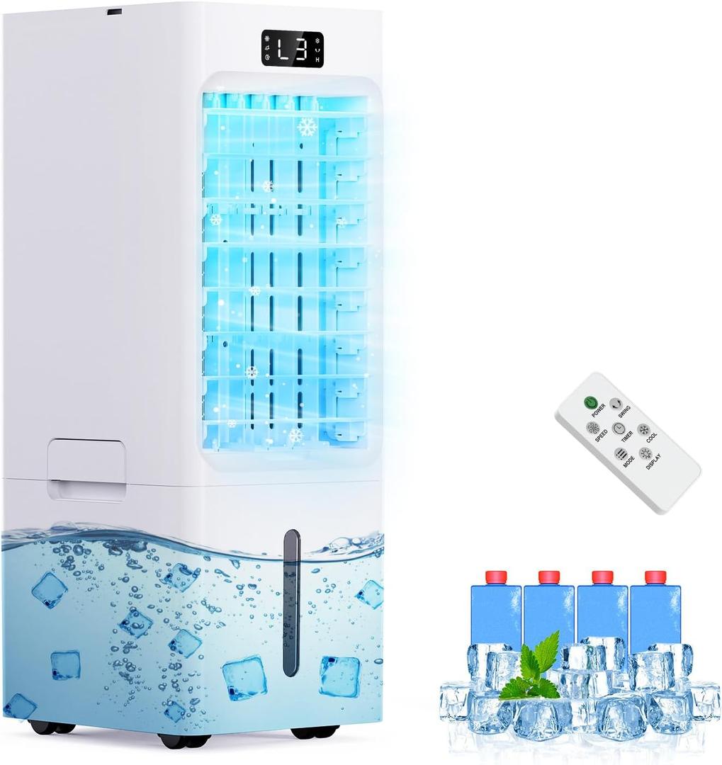 Windowless Portable Air Conditioners, 6L Swamp Cooler, 3-IN-1 Evaporative Air Cooler with 4 Ice Packs, 4 Modes & 3 Speeds, Auto Oscillating, 12H Timer, Remote, Quiet Cooling Fan for Home