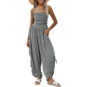 Fisoew Womens Casual Jumpsuits Summer Halter Straps Sleeveless Overalls Ruched Barrel Wide Leg Side-Cinch Long Pant Rompers, Medium
