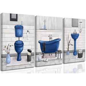 3 Pcs Navy Blue Bathroom Canvas Wall Art Paintings Fun Blue Bathtub and Toilet Paintings Pictures Wall Decor Posters Print Artwork for Washroom Restroom Home Decoration 41 x61 cm