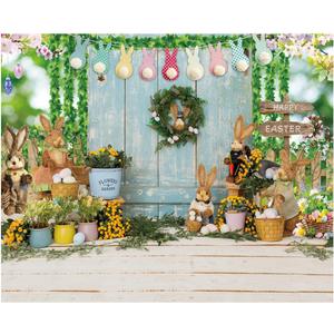 10X8FT Easter Backdrop for Photography Spring Rabbits Colorful Eggs Bule Wood Floor Background Party Decor Photo Booth Props DH-1102