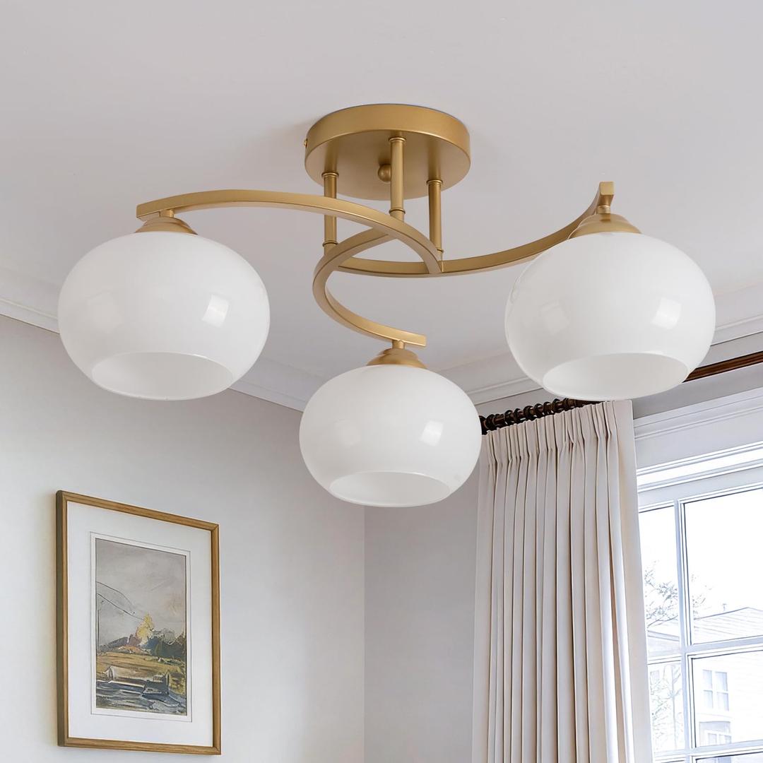 Mid Century 3-Light Gold Sputnik Light Green Glass Semi Flush Ceiling Light