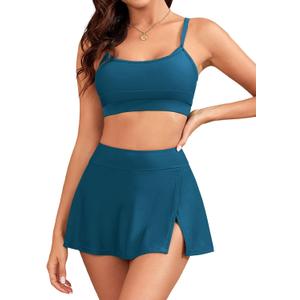 ZAFUL Women High Waisted Bikini Sets Modest Two Piece Swimsuit Sporty Push Up Bathing Suit with Swim Skirts Swimwear L