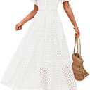 ZESICA Women's 2026 Summer Short Sleeve Maxi Dress Casual V Neck Hollow Out Eyelet Ruffle Swing A Line Long Dresses (White)
