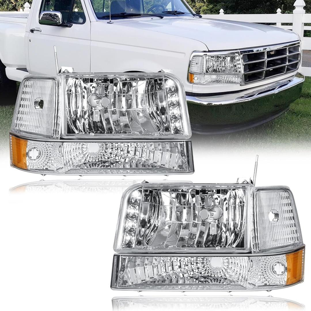 LED Headlights w/LED Bar for Ford F150 F250 F350 Bronco 1992 1993 1994 1995 1996 Amber Reflector Chrome Housing Left Right Replacement DRL Headlamp