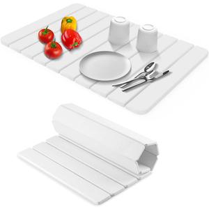 Large Stone Dish Drying Mats for Kitchen Counter, 24"16" Collapsible Quick Drying Diatomaceous Earth Mat with Non-Slip Base for Bathroom Floor White