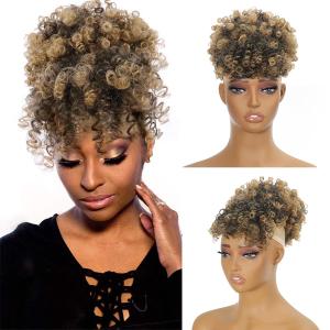 Afro Puff Drawstring Ponytail with Bangs, Kinky Curly Ponytail Bun with Bangs Updo Hairpieces, Short Afro Puffs with Bang for Black Women