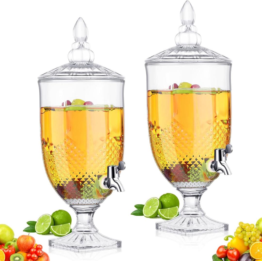 Bokon 2 Pieces Drink Dispensers for Parties Crystal Iced Beverage Dispenser with Stand and Spigot, Glass Liquid Containers Wide Mouth Beverage Server for Juice Tea Wedding